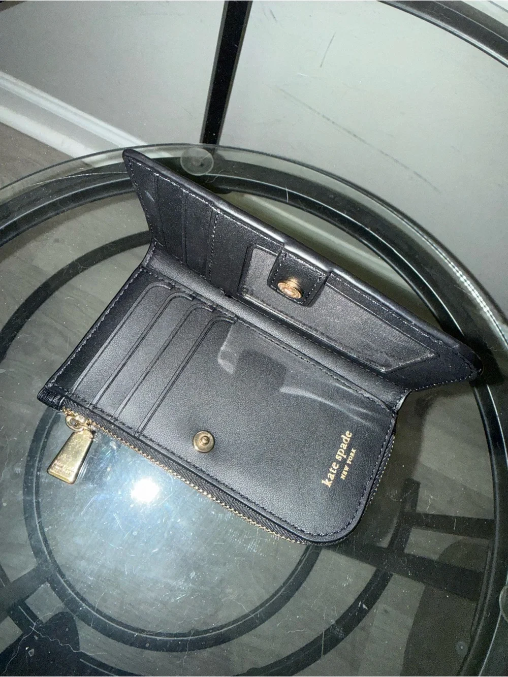 kate spade black leather bifold card wallet with zip coin pocket